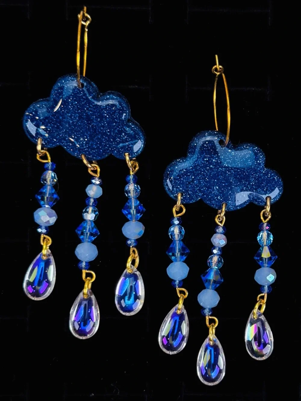 Blue Cloud Dangle Pierced Earrings with Crystal Drops